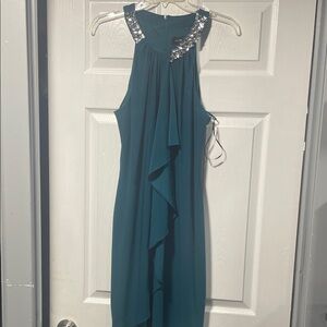 Scala Teal One-Shoulder Ruffle Dress with Gem Detail
